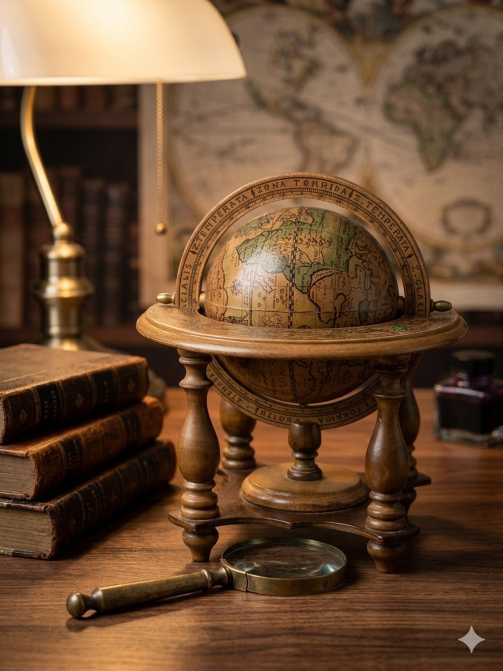 Vintage Italian Replica Desk Globe Wood Zodiac Astrology Map Mid Century Italy